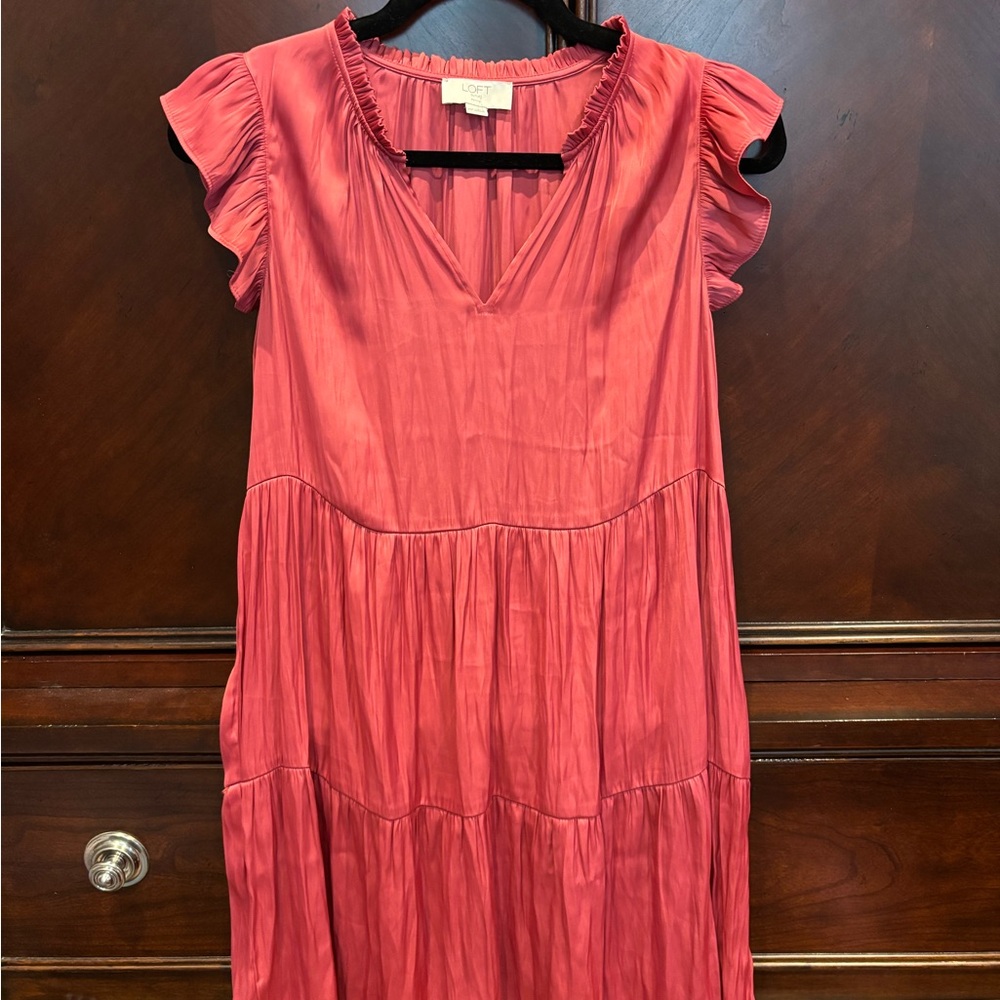 LOFT Coral V-Neck Tiered Flutter Sleeve Midi Dress